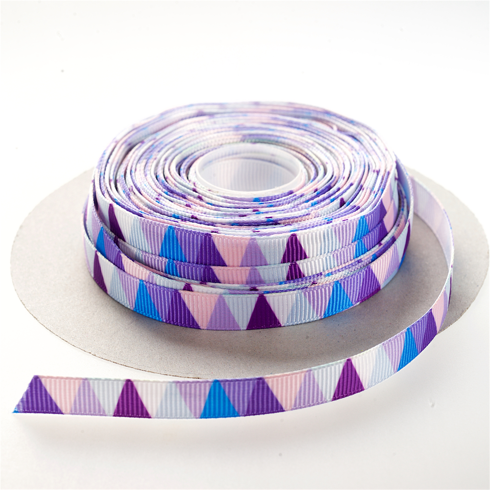 Лента репсовая 10 мм фиолетовая с треугольным узором 1 метр