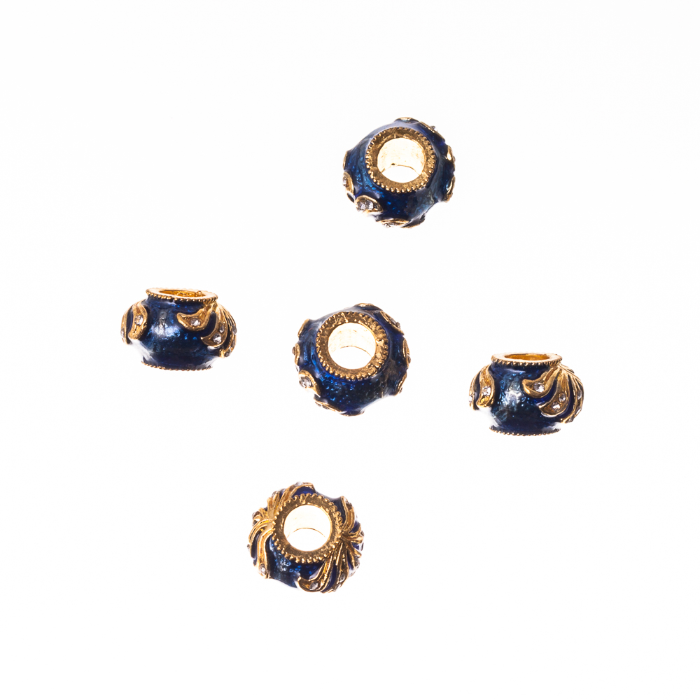 Бусина шарм с эмалью 13 мм синяя с золотым узором