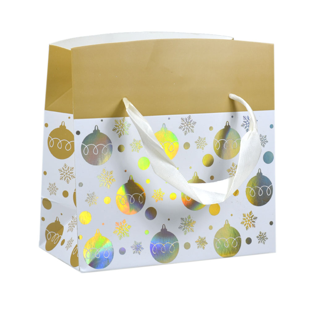 Пакет бумажный 16х23х11 см Новогодние украшения золотисто-белый