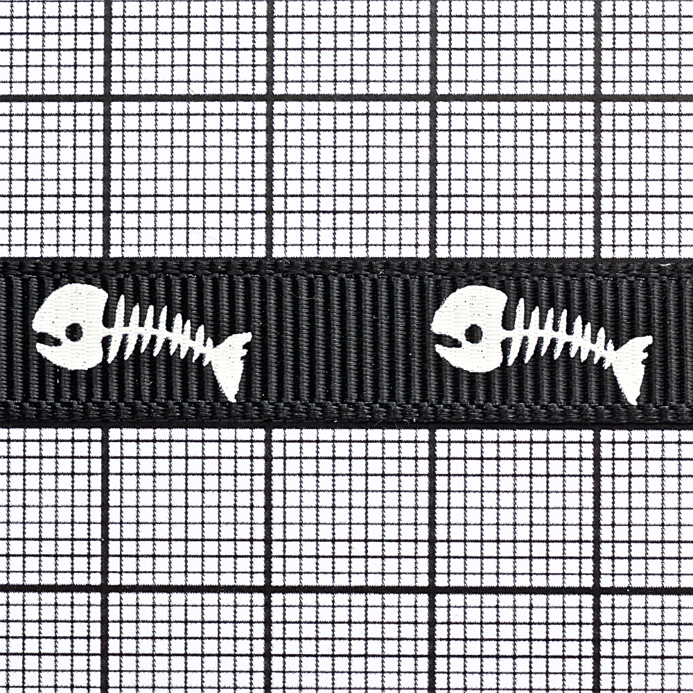 Лента репсовая 10 мм черная со скелетом рыб 1 метр
