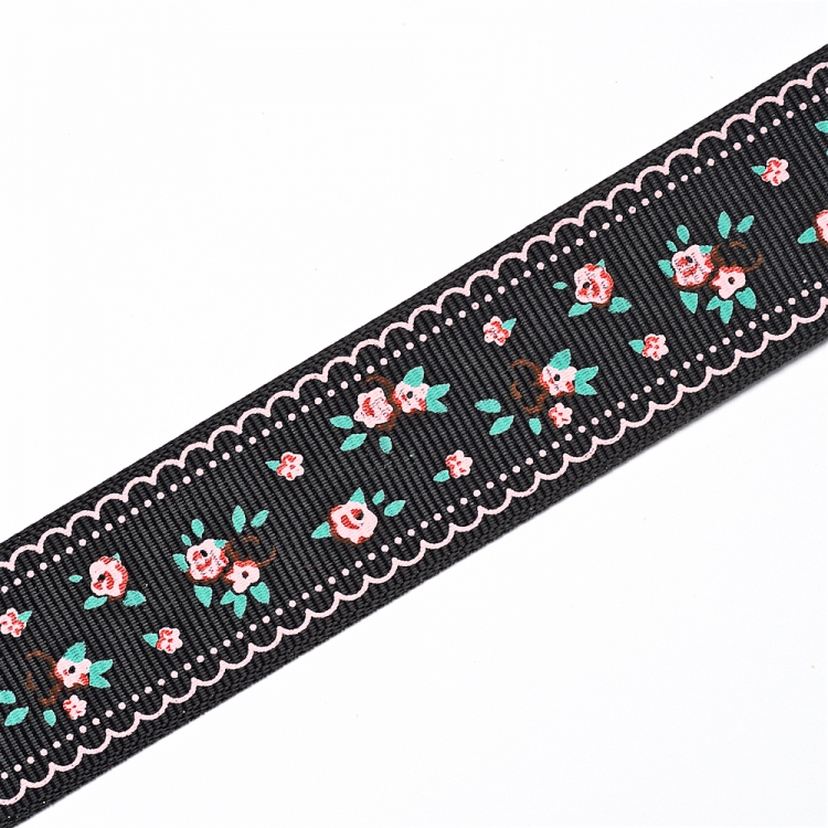 Лента репсовая 25 мм черная с цветами