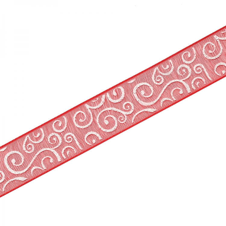 Стрічка з органзи 15 мм червона з орнаментом