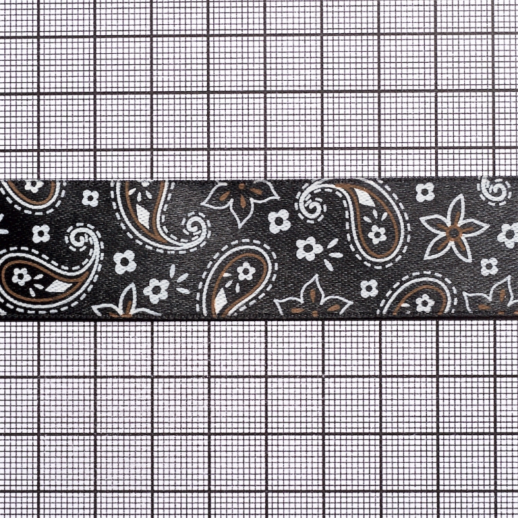 Лента атласная 25 мм с орнаментом черная белый цветочек