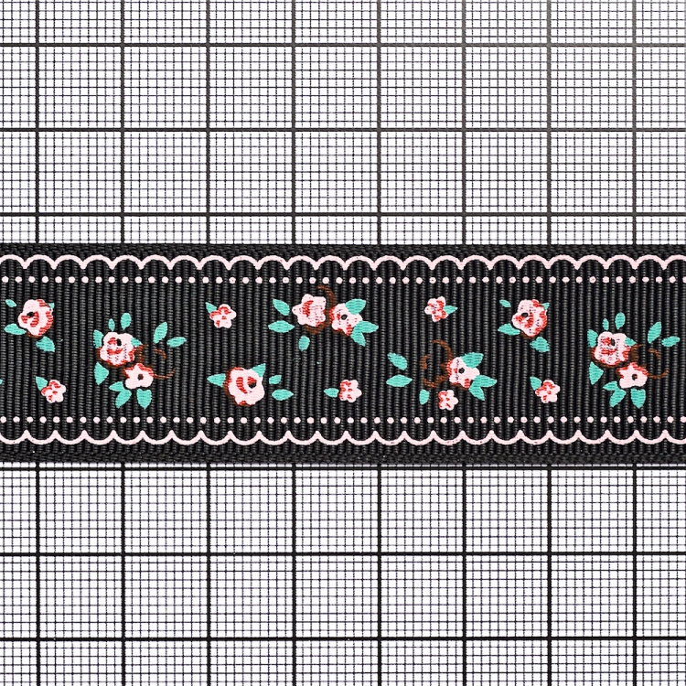Лента репсовая 25 мм черная с цветами