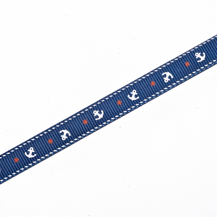 Лента репсовая 10 мм синяя с якорями