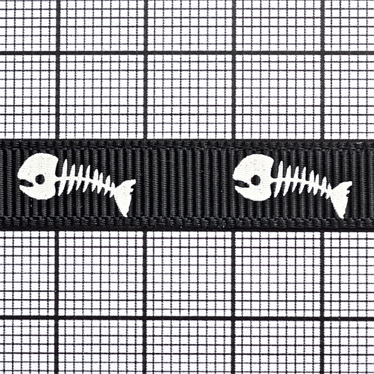 Лента репсовая 10 мм черная со скелетом рыб