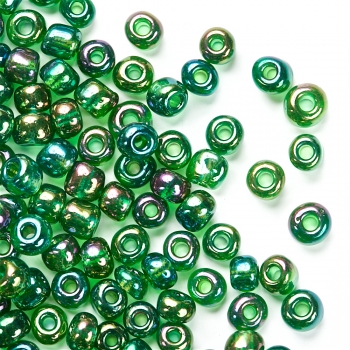 Бисер круглый крупный 6 (3,6 мм) зеленый прозрачный радужный 9413