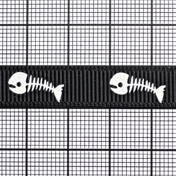 Лента репсовая 10 мм черная со скелетом рыб 1 метр