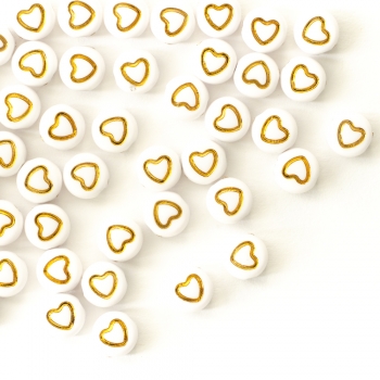 Пластиковая бусина Сердце золотое на белом фоне уп 10 шт.